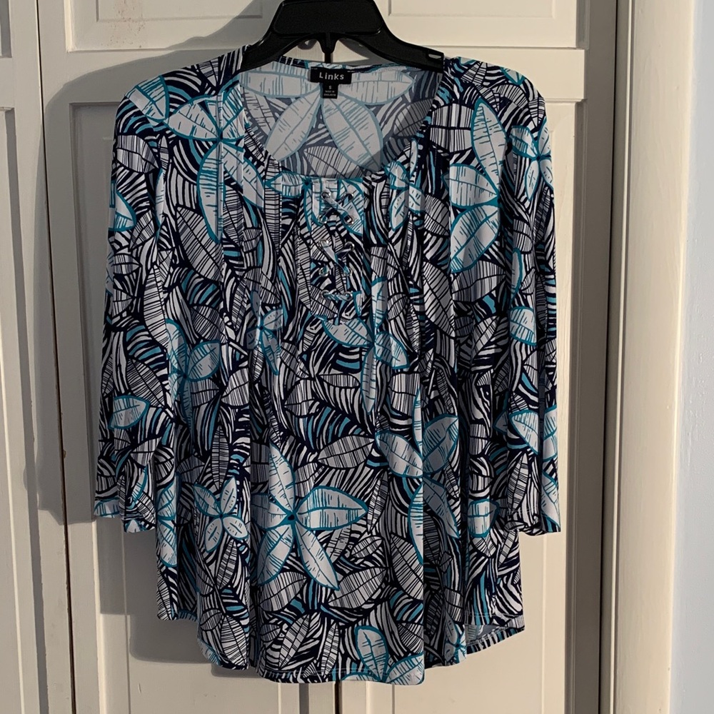 Links Navy & Teal Leaf Print Blouse EUC